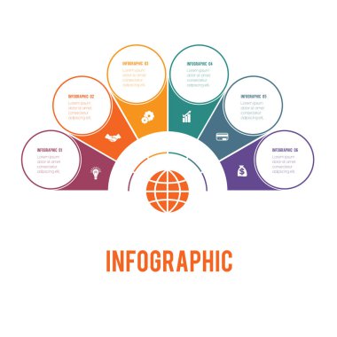 Renkli yarım daire ve daire. Öğeleri Infographics kavramsal döngüsel işlemlerin 6 pozisyonları mümkün için iş akışı kullanmak için afiş, diyagram, Web tasarım, zaman çizelgesi, alan grafiği, numara seçenekleri