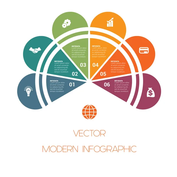 Sjabloon Voor Kleurrijke Halfronde Voor Infographics Met Tekstgebieden Zes Posities — Stockvector