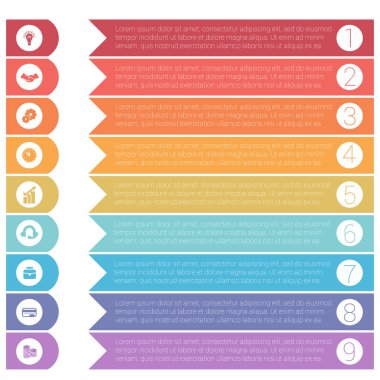 Şablon infographics gelen 9 pozisyonlar için renkli hrizontal ok.