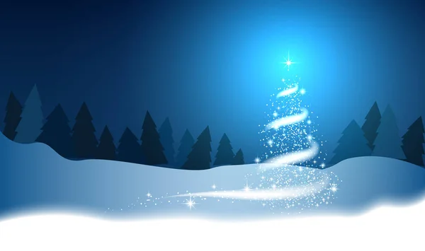 Χριστουγεννιάτικο Δέντρο Χιονοθύελλα Αστέρια Χιόνι Ουρανός Νύχτα Ξύλο Μπλε Φόντο — Διανυσματικό Αρχείο