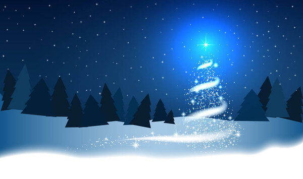  Christmas tree, blizzard, stars, snow,  sky, night, wood, blue background for New Year project. Winter background.