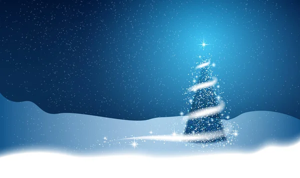 Χριστουγεννιάτικο Δέντρο Χιονοθύελλα Αστέρια Χιόνι Ουρανός Νύχτα Μπλε Φόντο Για — Διανυσματικό Αρχείο
