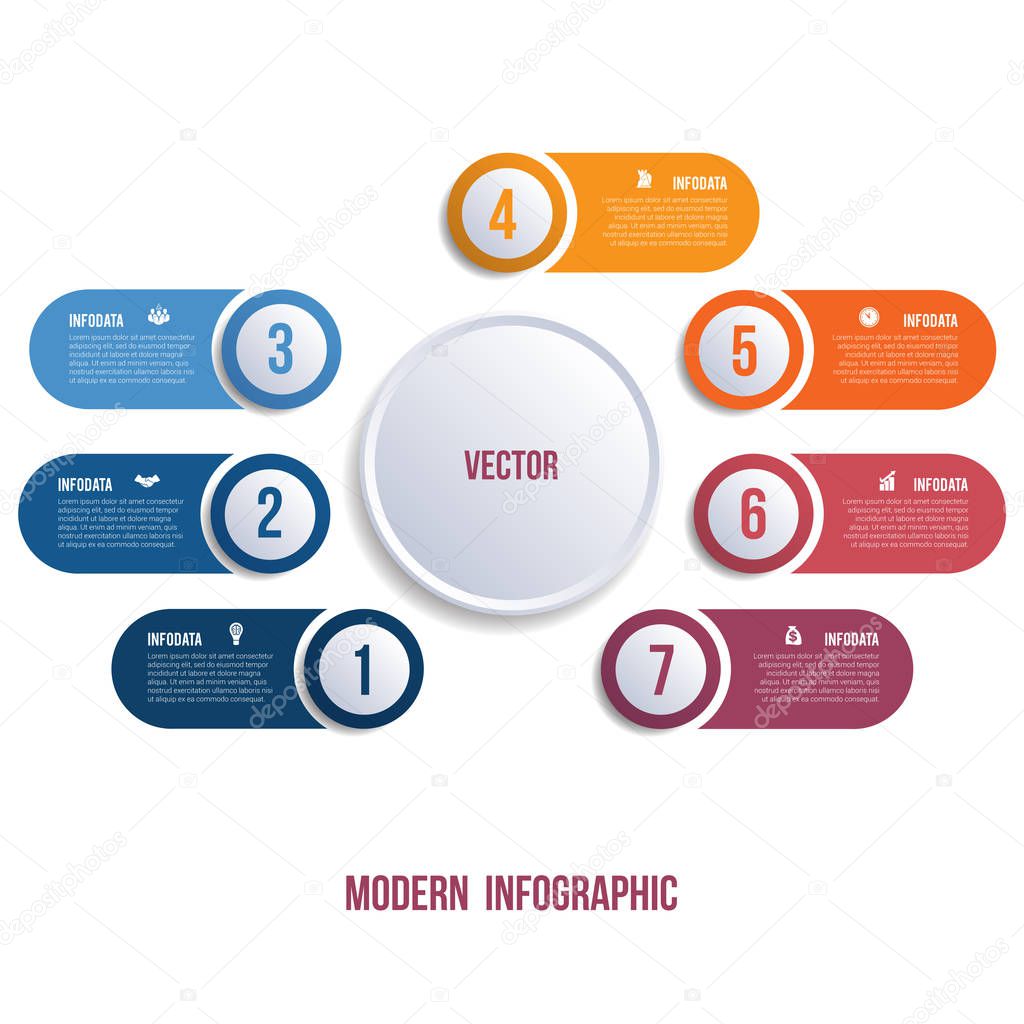 Visualization of business presentations by modern infographics 7 positions.