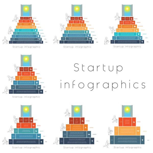 Başarı Başlangıç Için Infographics Işadamı Adımları Merdivenler Kapı Gökyüzü Güneş — Stok Vektör