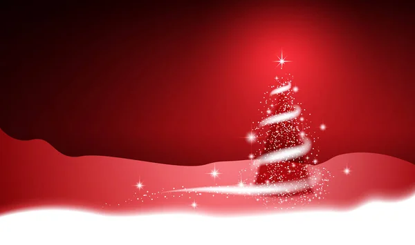 Árbol Navidad Ventisca Estrellas Nieve Cielo Noche Fondo Rojo Para — Vector de stock