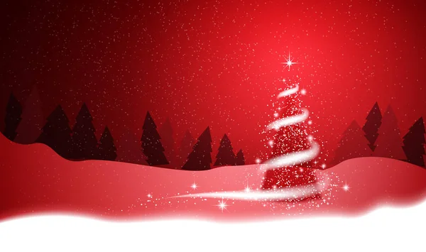 Albero Natale Bufera Neve Stelle Neve Cielo Notte Sfondo Rosso — Vettoriale Stock