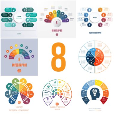Evrensel şablonları öğelerini Infographics kavramsal döngüsel işlemler için 8 pozisyonlar için iş akışı, afiş, diyagram, web tasarımları kullanmak mümkün.