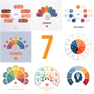 Evrensel şablonları öğelerini Infographics kavramsal döngüsel işlemler için 7 pozisyonlar için iş akışı, afiş, diyagram, web tasarımları kullanmak mümkün.