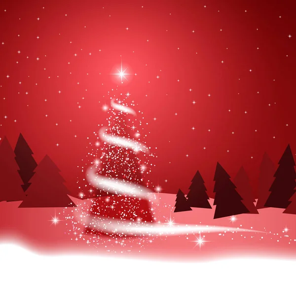 Christmas Tree Blizzard Stars Snow Sky Night Red Background New — Stock Photo, Image