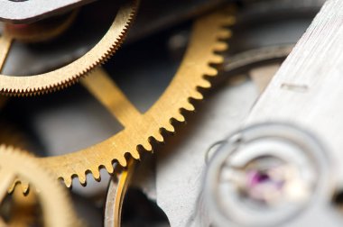 Arka plan ile metal cogwheels saat. Başarılı iş tasarımınız için kavramsal fotoğraf. Makro.