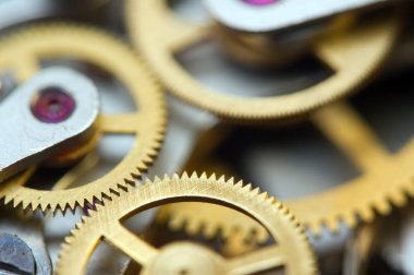 Arka plan ile metal cogwheels saat. Başarılı iş tasarımınız için kavramsal fotoğraf. Makro.