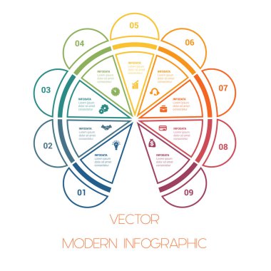 Şablon satırlarında infographics 9 pozisyonlarına metin alanları için renkli yarım daire /.