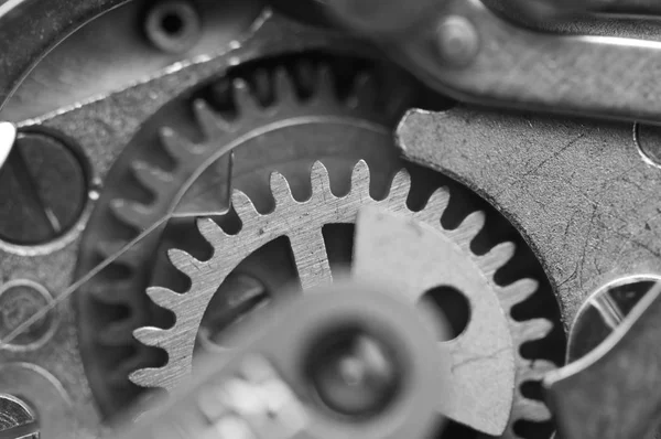 Fondo Blanco Negro Con Ruedas Dentadas Metal Concepto Trabajo Equipo — Foto de Stock