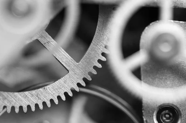 Black White Background Metal Cogwheels Clockwork Concept Teamwork Macro — Stock Photo, Image