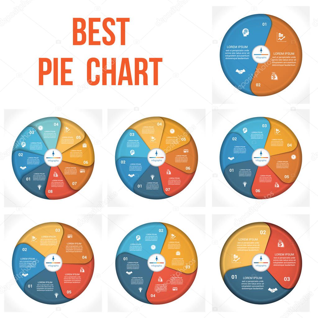 Pie chart infographic 2, 3, 4, 5, 6, 7, 8  positions, steps, parts, with text area, vector illustration from colourful parts. Business diagram for data. 