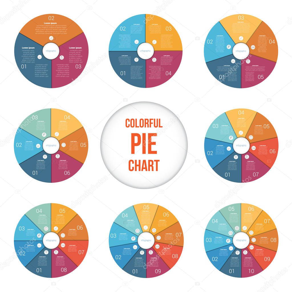 Templates for Area pie chart for 3,4,5,6,7,8,9,10 positions can be used for workflow, banner, diagram, web design, area chart