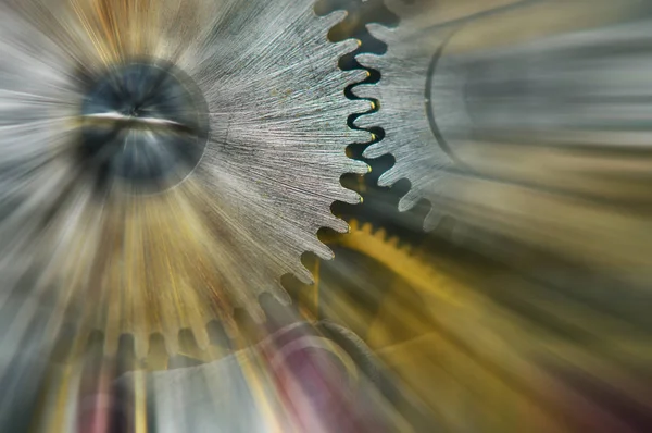Metalowe Koła Zębate Mechanizm Zegarowy Streszczenie Słońce Belki Koncepcja Ruchu — Zdjęcie stockowe