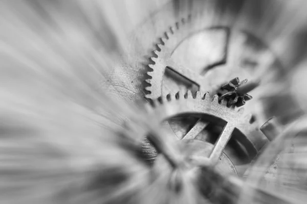 Черно Белая Фотография Metal Cogwheels Clock Mechanism Abstract Sun Beams — стоковое фото