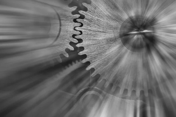 Fotografia Preto Branco Metal Cogwheels Mecanismo Relógio Raios Sol Abstratos — Fotografia de Stock