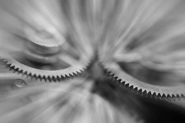 Black White Photography Metal Cogwheels Clock Mechanism Abstract Sun Beams — Stock Photo, Image