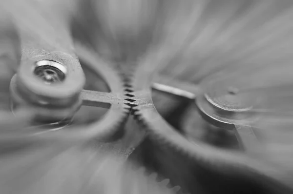 Fotografía Blanco Negro Metal Cogwheels Mecanismo Reloj Rayos Solares Abstractos — Foto de Stock