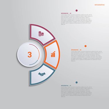 3 metin alanı pozisyonları ile infographics için şablon. yarım daire bir daire etrafında çok renkli unsurlar ile diyagram.