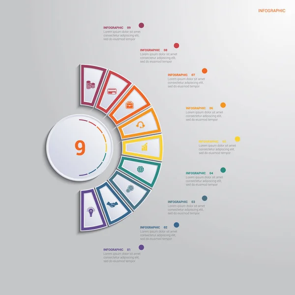 Szablon Infografiki Pozycji Obszar Tekstu Schemat Wielokolorowymi Elementami Półkole Wokół — Wektor stockowy