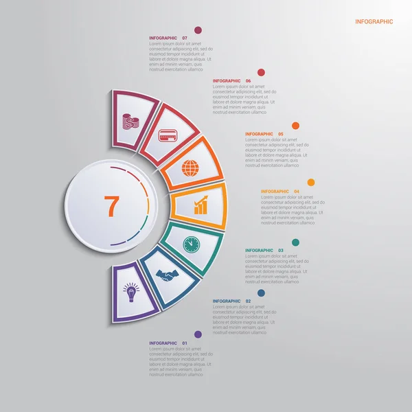 Szablon Infografiki Pozycji Obszar Tekstu Schemat Wielokolorowymi Elementami Półkole Wokół — Wektor stockowy