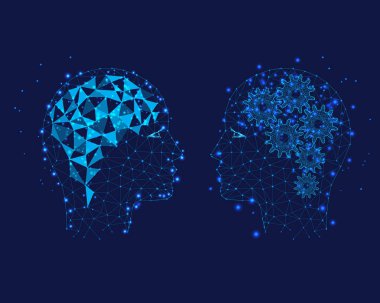 Dişli tekerlekler ve beyin, rasyonel ve yaratıcı düşünen insanlar. Co