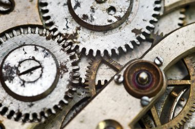 Saat, eski bir saat dişliler. Takım çalışması kavramı, fikir, tekno