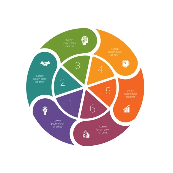 Infographic circulair cyclisch proces 6. Sjabloon van gekleurde cirkel — Stockvector