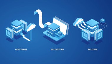 İş dünyasındaki dijital teknolojiler, bulut veri depolama, sunucu odası, çevrimiçi cüzdan, elektronik fatura ve para transferi izometrik vektör ilülasyonu