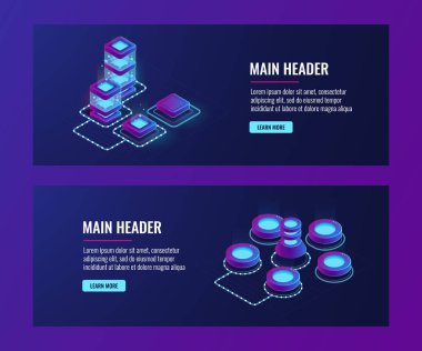 Sunucu odası, büyük bilgisayar ağı, ağ, bağlantı, büyük veri depolama ve işleme, veri merkezi izometrik vektörü koyu mor neon