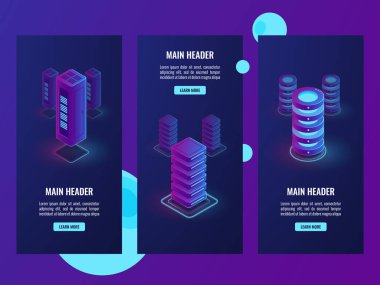 isometric set vertical banner, servr room vector, data center and cloud storage, database warehouse, big data processing web hosting and network dark ultra violet neon clipart