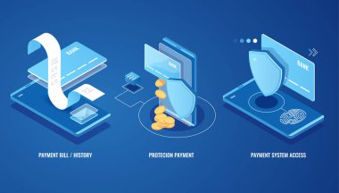 Elektronik fatura, çevrimiçi ödeme sms bildirimi, ödeme geçmişi, finans veri koruması, kredi kartı ve kalkan izometrik vektör illüstrasyonlu akıllı telefon mavi arka planda