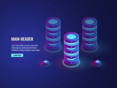 izometrik veritabanı bulut depolama kavramı, sunucu odası simgesi, büyük veri işleme vektörü koyu mor neon