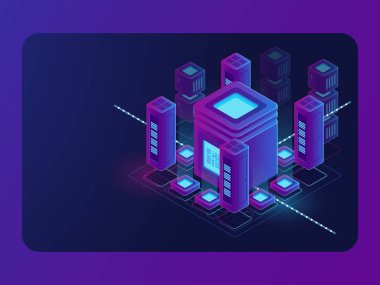 İzometrik akıllı şehir, dijital şehir, sunucu odası, büyük veri akışı işleme merkezi ve veritabanı deposu, bulut depolama vektörü koyu mor neon