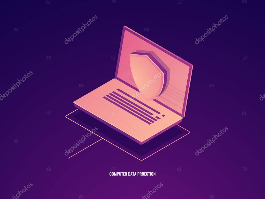 Computer data protection, laptop with shield, data safety isometric vector icon