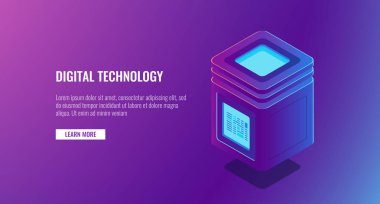 İzometrik vektör çizim sunucu odası, kişisel verileri koruma kavramı, büyük veri işleme, veritabanı simgesini, çözüm barındırma bulut depolama