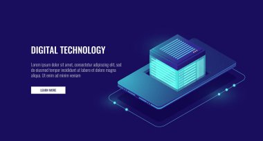 Cep telefonu uygulaması ve bulut veri depolama, kişisel verilerin korunması, verilerle, dijital kasa install bilgisayar yazılımı, sunucu Oda izometrik vektör çizim