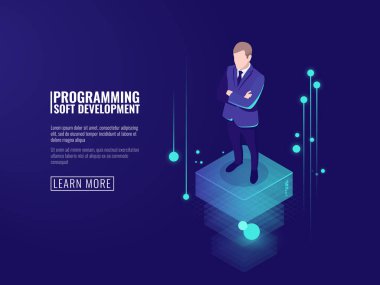 Bilgi güvenliği, takım elbiseli bir adam, bir veri akışı izometrik vektör çizimi