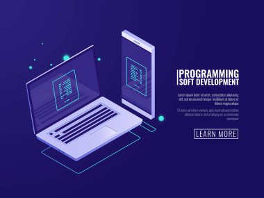 Bilgisayar programlarının programlanması ve geliştirilmesi, mobil uygulama, dizüstü bilgisayar ve cep telefonu ile birlikte ekran izometrik vektör çizimi