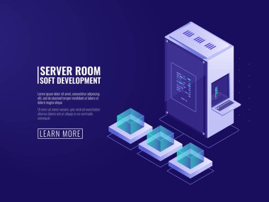 Bilgi sistemleri simgesi, web sunucusu, bilgisayar donanımı, büyük veri işleme, İnternet istemcisi, ağ bağlantısı izometrik vektör resimlemesi tasarımı