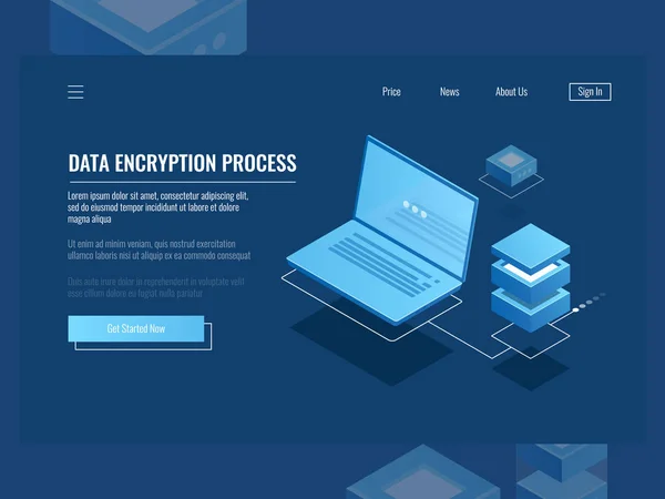 Processo Criptografia Dados Proteção Informações Digitais Sala Servidores Armazenamento Nuvem — Vetor de Stock