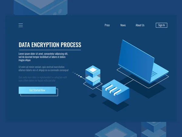 Datenverschlüsselung Schutz Digitaler Informationen Serverraum Isometrische Vektordarstellung Für Cloud Speicher — Stockvektor
