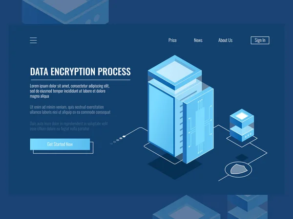 Datenverschlüsselung Schutz Digitaler Informationen Serverraum Isometrische Vektordarstellung Für Cloud Speicher — Stockvektor