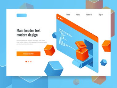 Yazılım geliştirme, programlama, kod ve ekranlı dizüstü bilgisayar, program izometrik vektör çizimi