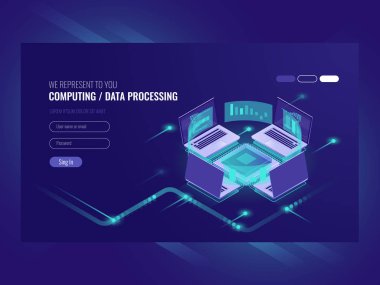 Büyük veri işleme ve hesaplama süreci, sunucu odası, ağ sunucu odası, veritabanı izometrik vektör koyu neon