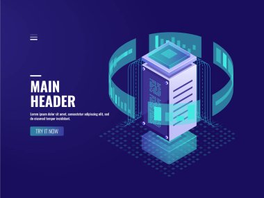 Akıllı veri işleme, hesaplama bilgisi analiz ve istatistik, sunucu odası, veri tabanı ve veritabanı ikonu izometrik vektörü karanlık neon