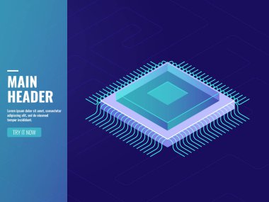 Bilgisayar teknolojisi, bilgisayar işlemci birimi, işlemci, veri işleme odası, sunucu odası, veritabanı ve veri tabanı izometrik vektörü karanlık neon